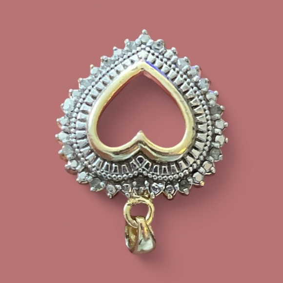 Vintage FAS 925 Sterling Silver Vermeil Diamond Open Heart Pendant - Picture 5 of 5